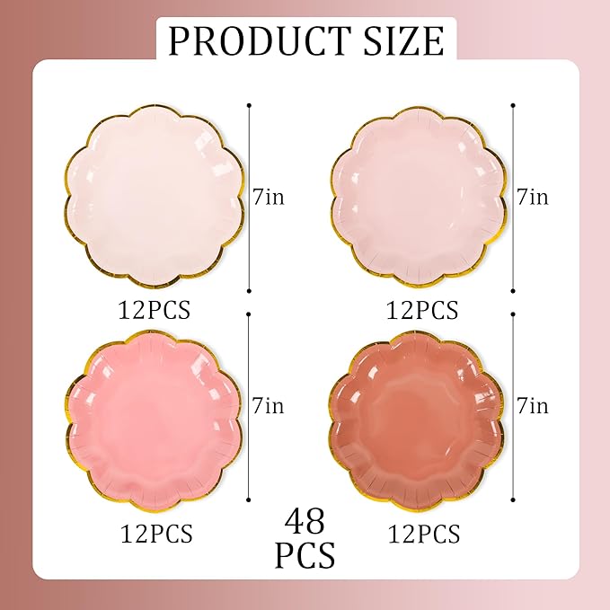 AimFun 48 Pcs Dusty Pink Party Plates Gradient Color Dessert Paper Plate 7inch Gold Foil Scalloped Edge Disposable Cake Plates for Tea Party Birthday Bridal Baby Shower Wedding Party Supplies