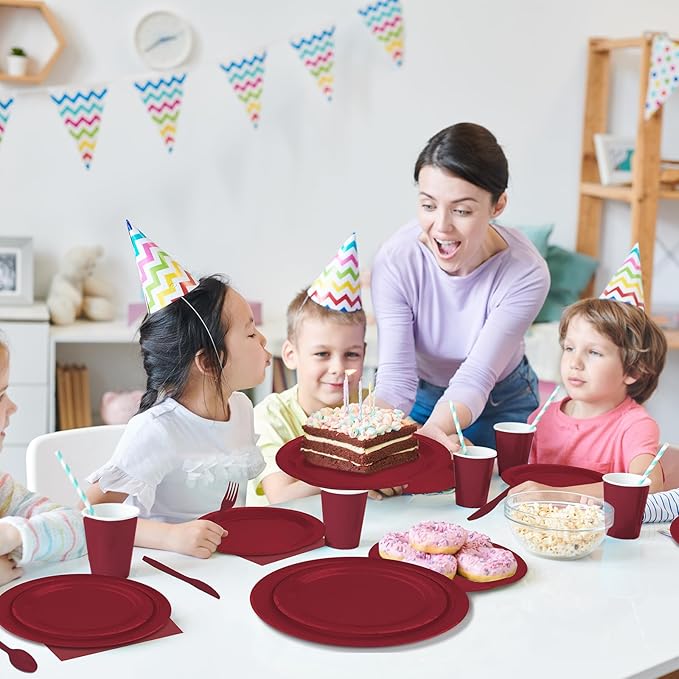 228PCS Burgundy Party Supplies Set Include Paper Plates Cups Paper Napkins Plastic Spoons Forks Knives for 30 Guests Disposable Party Dinnerware for Birthday Wedding Family Picnic