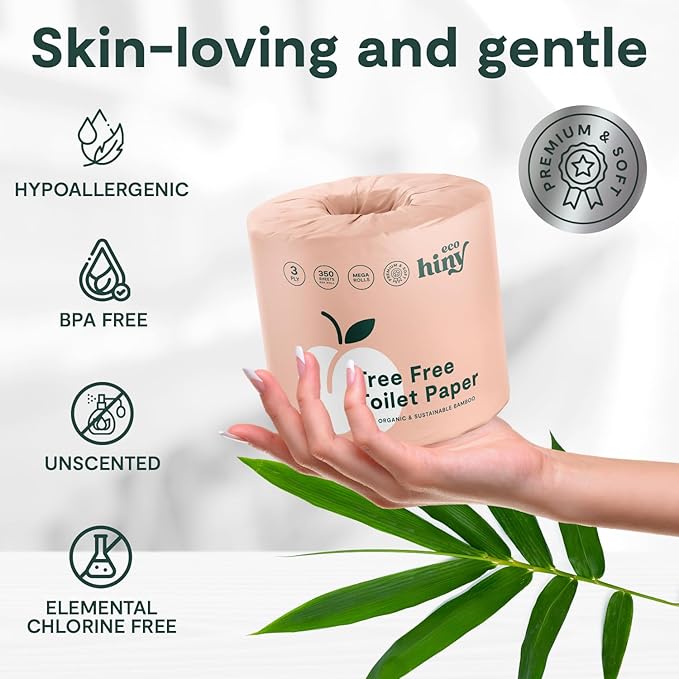 ecoHiny Premium & Soft Bamboo Toilet Paper | PFAS Free | 36 Mega Rolls, 3 ply & 350 Sheets | Non Toxic, FSC Certified, Septic Safe, BPA Free | Tree Free Toilet Tissue | Plastic Free Packaging