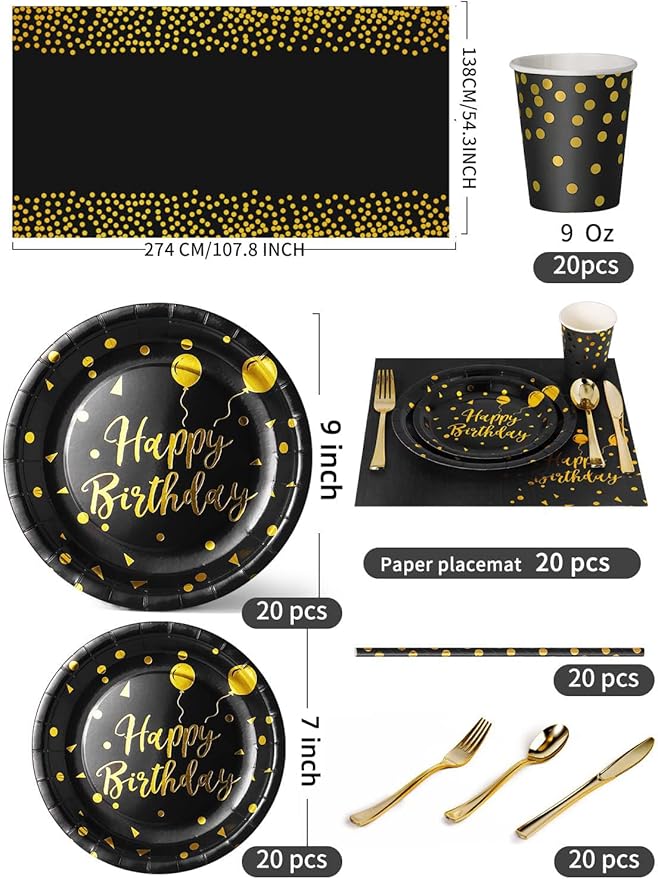 Nkaiso Birthday Party Tableware, 161 Pieces Black Gold Party Supplies, Party Dinnerware Sets Include Paper Plates Napkins Cups Silverware, for Shower Engagement Parties Decoration -20 Serves