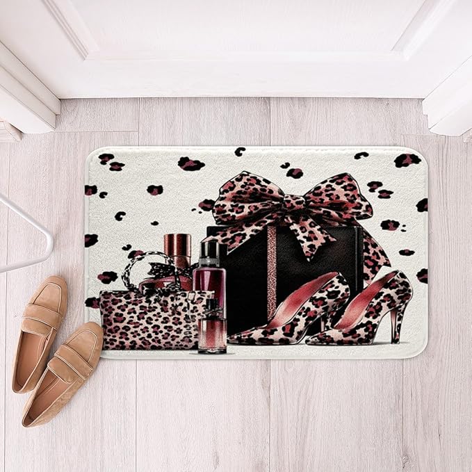 Pink Leopard Bowknot Kids Bath Mats,High-Heeled Shoe Perfume Beauty Mats Rugs for Girls,Cheetah Skin Princess Bath Carpets,Unique Fashion Bath Rugs,Absorbent Floor Mats,20Wx32L Inches