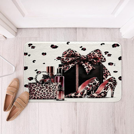 Pink Leopard Bowknot Kids Bath Mats,High-Heeled Shoe Perfume Beauty Mats Rugs for Girls,Cheetah Skin Princess Bath Carpets,Unique Fashion Bath Rugs,Absorbent Floor Mats,16Wx24L Inches