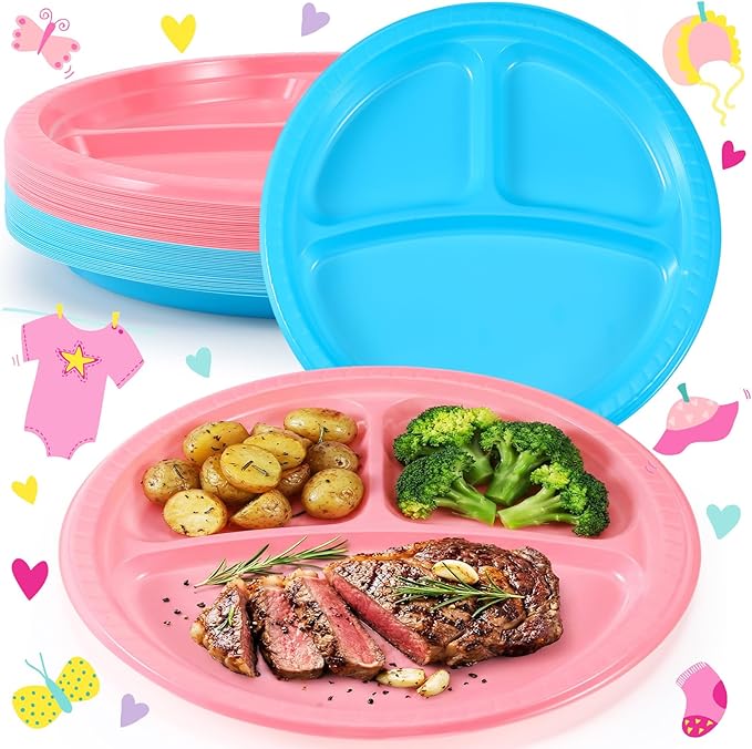 Teenyyou 50 Pcs 10 Inch Plastic 3 Compartment Divided Plates Heavy Disposable Round Dinner Plates with Dividers for Wedding Birthday Party Dinnerware (Pink, Blue)