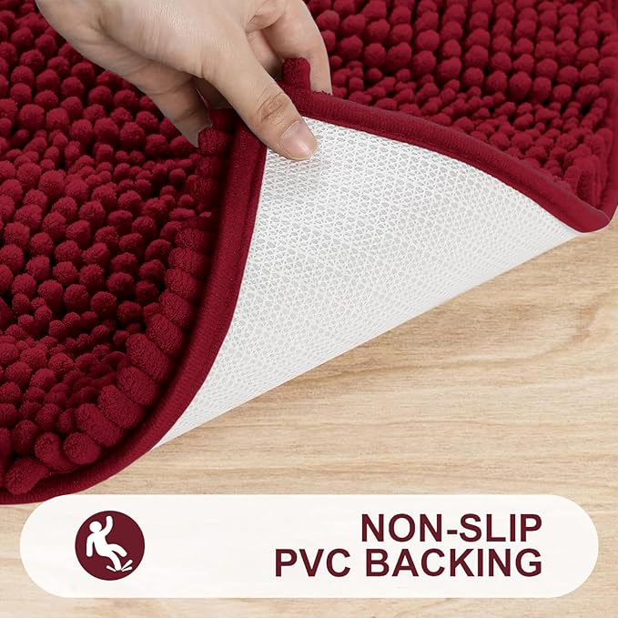 Grandaily Chenille Striped Bathroom Rugs 30x20, Extra Thick and Absorbent Bath Mats, Non-Slip Soft Plush Shaggy Shower Carpet, Machine Wash Dry, Bath Rug for Bathroom, (Medium, Red)