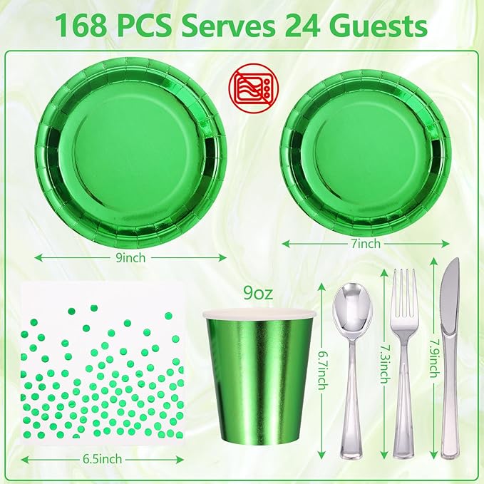 Green Party Decorations, 168 Pcs Green Paper Plates and Napkins Party Supplies, Birthday Plates Serve 24, for Birthday Baby Shower Graduation Father's Day