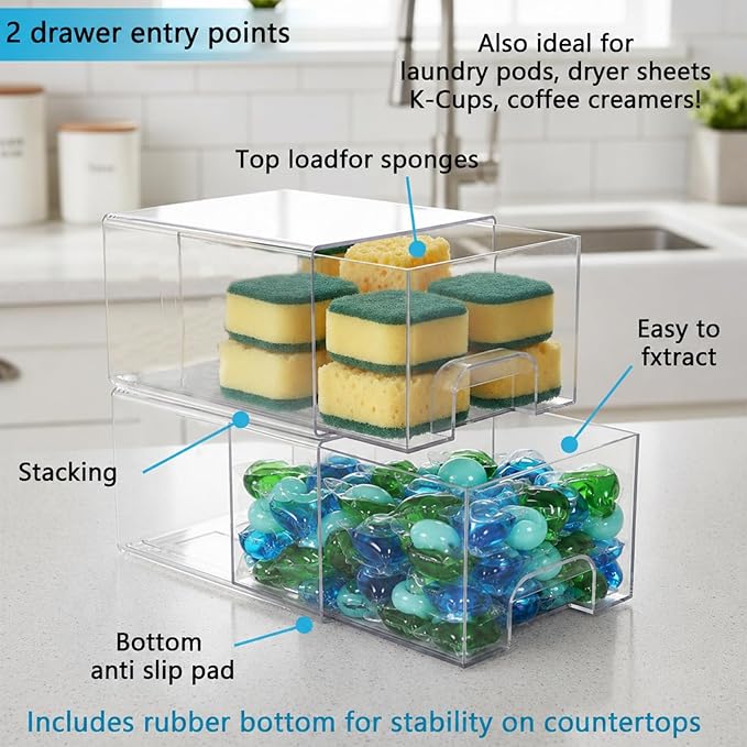 2 Pack Laundry Pods Container, Stackable Laundry Room Organization Storage Drawers, Dryer Sheet Container, Detergent Holder with Pull Handle, Bathroom Organization, Clear