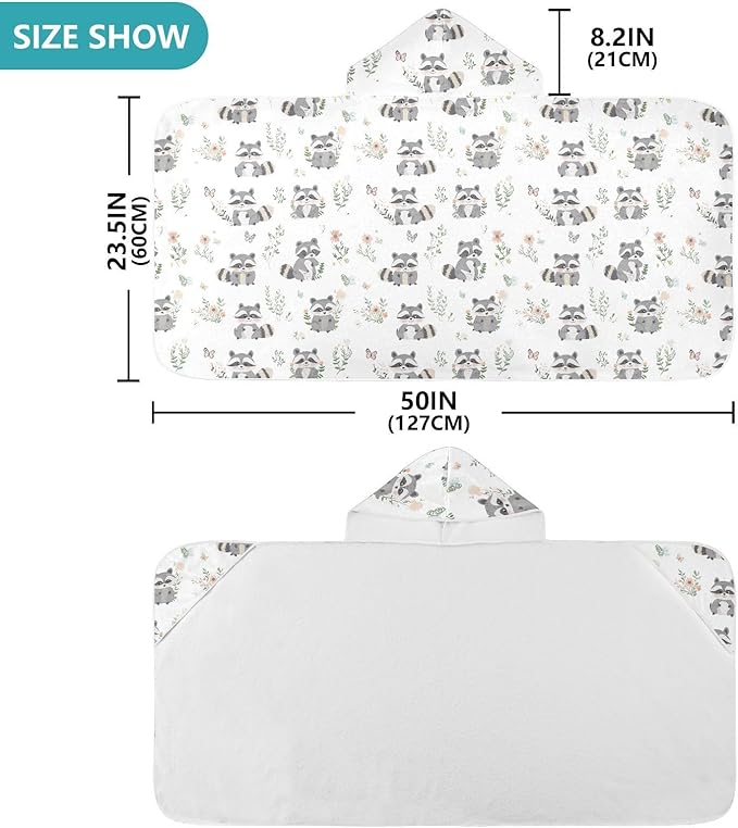 Kid Beach Towel Cute Raccoon White Hooded Towels for Kids Quick Dry Toddler Bath Towel