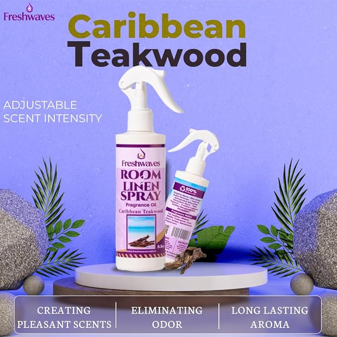 Freshwaves Room & Linen Spray | Caribbean Teakwood Fragrance Oil | 8.8oz Air Freshener | Odor Eliminator for Living Room, Bedroom, Bathroom & Office | White Bottle