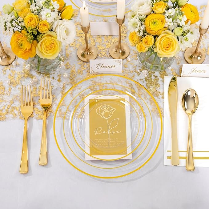 GATHER 350PCS Clear Gold Plastic Plates - Disposable Gold Dinnerware Sets Includes 100 Gold Rim Plastic Plates, 150 Silverware, 50 Napkins, 50 Cups for Party, Wedding