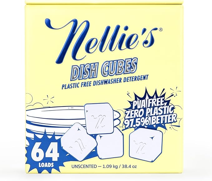 Nellie’s Dish Cubes – 64 Loads Dishwasher Detergent – Concentrated Formula – Plastic-Free Formula (PVA-Free) – Tin Packaging – Powerful Cleaning for Grease & Grime – Made in Canada