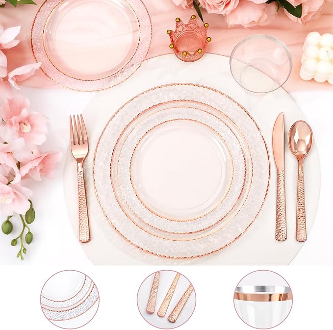 Ciaell 150PCS Rose Gold Plastic Plates – Disposable Plates with Rose Gold Plastic Silverware include 50Plates, 25Forks, 25Knives, 25Spoons, 25Cups for Wedding & Party