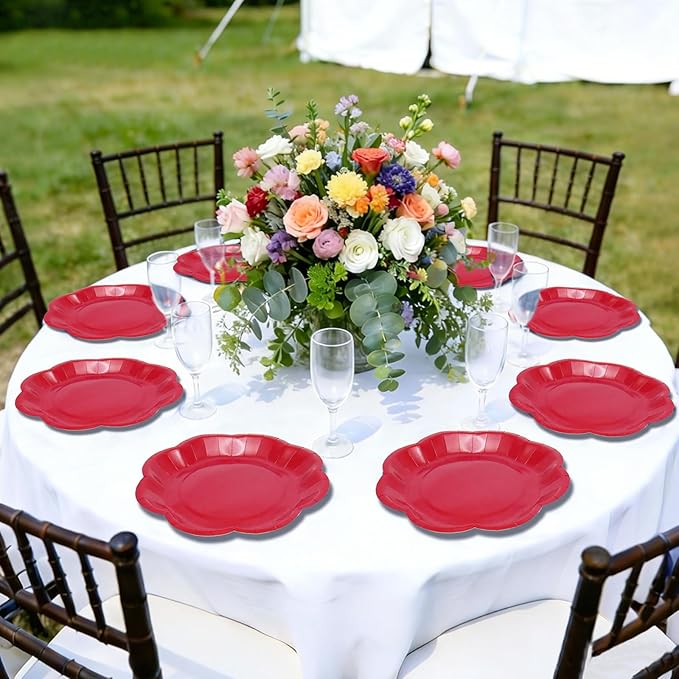Red Plates Party Supplies,9 inch Red Paper Plates Disposable Scalloped for Birthday Cake Plate Baby Shower Dinner Wedding Dessert Valentines Day Party