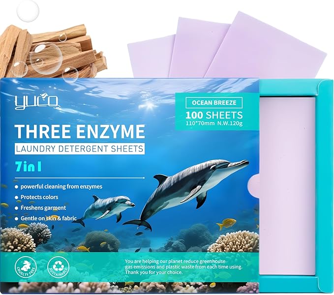 YUCO Eco-Friendly Travel Laundry Detergent Sheets - Liquidless Laundry Sheets Detergent for Travel No Plastic & Hypoallergenic (Ocean Amberwood)