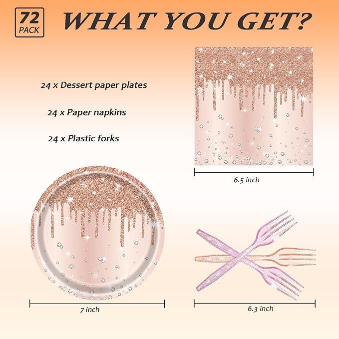 72 Pcs Rose Glitter Paper Plates 7in Disposable Dinner Plates Napkins and Forks Party Tableware Set Decoration Supplies for Girls Birthday Bridal Shower Wedding Ceremonies Anniversary Party, Serve 24