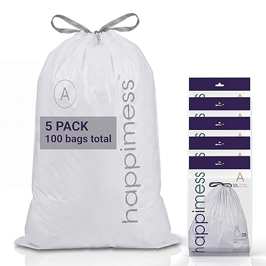 happimess 8 Gallon (30L) Drawstring Trash Bags, Unscented, Clear, Heavy Duty LDPE Liners for Kitchen and Household, Custom Fit 100 Count (5 Packs of 20 Liners) HPM3000A-C-5SET