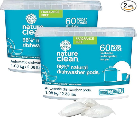 Nature Clean Non Toxic Dishwasher Detergent Pods, Plant-Based Dishwashing Pods, Non-Toxic & Unscented Dish Pods, Tough on Grease, Eco-Friendly Cleaning Power, 60 Count, Pack of 2