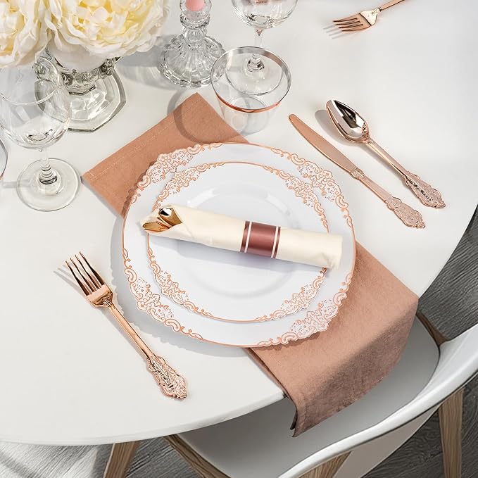 Bestluck 350PCS Rose Gold Plastic Plates for 50 Guests, Disposable Dinnerware Sets Include 100 Rose Gold Rim Plastic Plates, 50 Silverware and Cups, 50 Pre Rolled Napkins for Party, and Graduation
