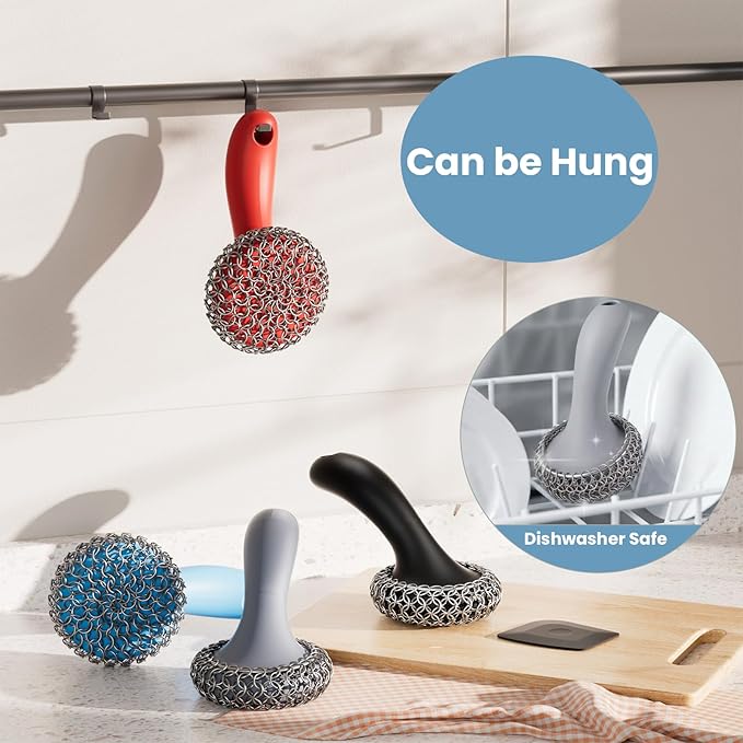 Cast Iron Scrubber with Long Handle | 316 Cast Iron Cleaner Chainmail Scrubber for Pan Skillet Cleaner - Dish Scouring Pad Dishwasher Safe Cleaning Kit (Grey, 1 Scrubber + 1 Scraper)