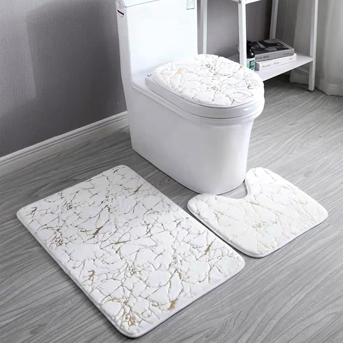 Marble 3-Piece Nonslip White Gold Bathroom Rugs and Mats Set - Soft, Washable, Water Absorbent Shower Rug with U-Shaped Contour and Toilet Lid Cover
