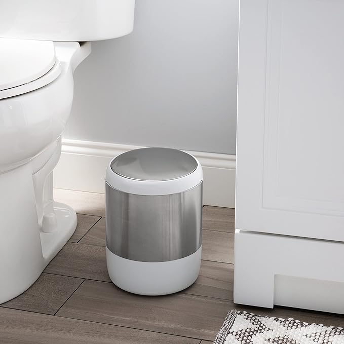 Bath Bliss Smooth Matte Stainless Waste Bin and Toilet Brush | Dimensions: 7.9" x 7.9" x 9.8"- Wastebasket | Dimensions: 4.7"x 4.7"x 16.5"- Toilet Brush| Bathroom Accessories | White