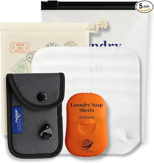 Travel Laundry Detergent Sheets Kit – Laundry Detergent Sheets 50-Count + Lightweight Travel Clothesline & Universal Sink Stopper with Canvas Bag and Frosted Zip Pouch for Hotels, Cruises & Trips