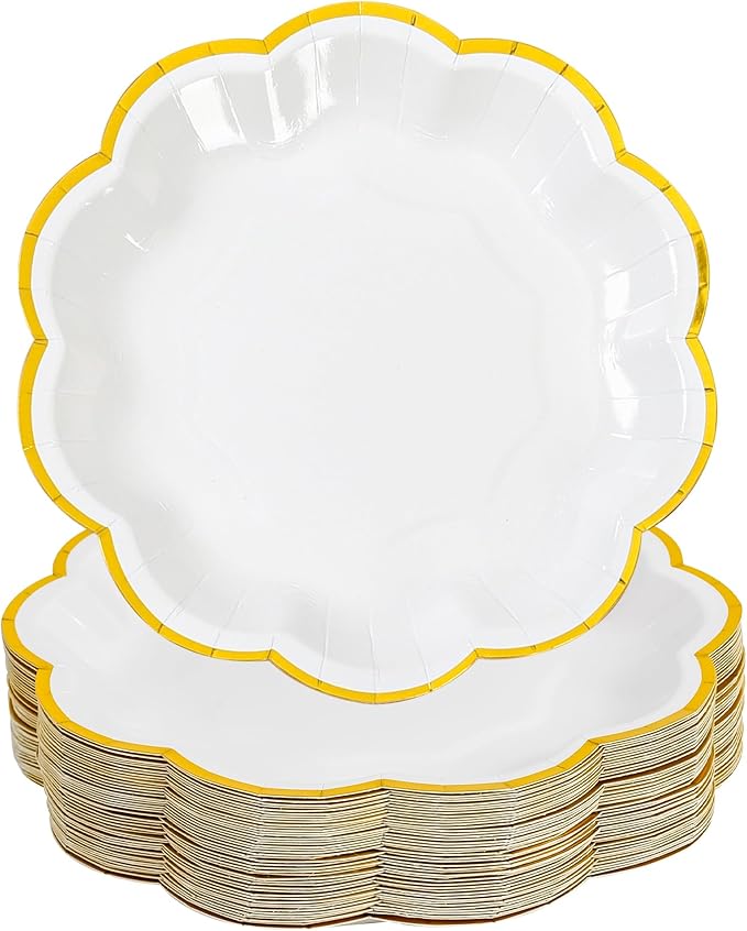 AimFun White Golden Party Plates Gold Foil Dessert Paper Plate 7inch Scalloped Edge Disposable Cake Plates for Tea Party Birthday Bridal Baby Shower Wedding Party Supplies (48, White)