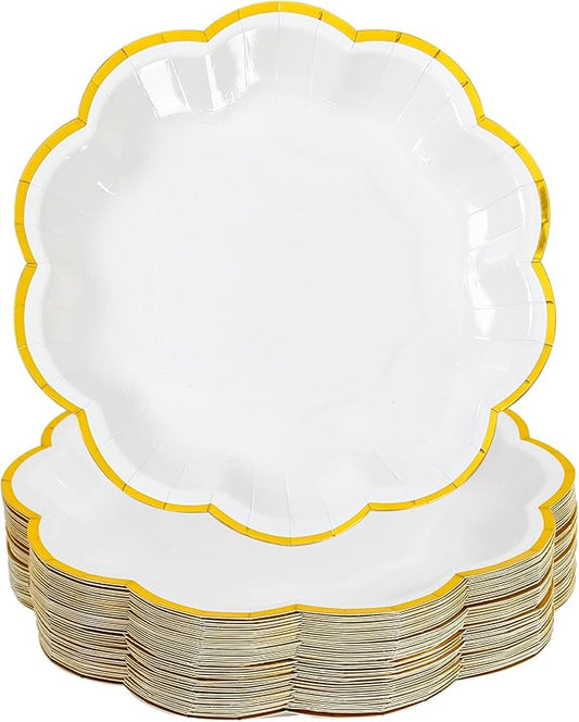 AimFun White Golden Party Plates Gold Foil Dessert Paper Plate 7inch Scalloped Edge Disposable Cake Plates for Tea Party Birthday Bridal Baby Shower Wedding Party Supplies (48, White)