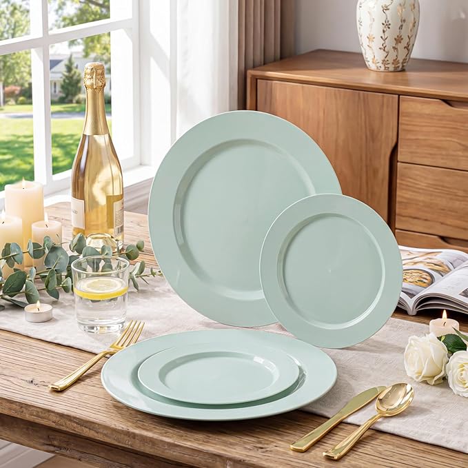 FLOWERCAT 200PCS Sage Green Plastic Plates Disposable Plates for Party - Elegant Plastic Plates - 10" &7" Plate for 100 Guests Spring Parties and Easter & Events