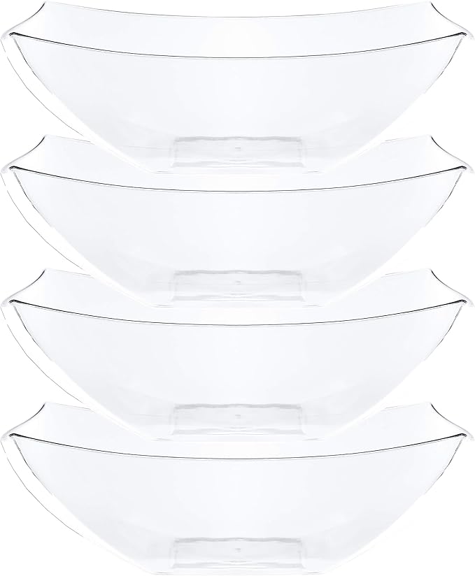 PLASTICPRO Disposable 128 ounce Square Serving Bowls, Party Snack or Salad Bowl, Extra Large Plastic Crystal Clear Pack of 4