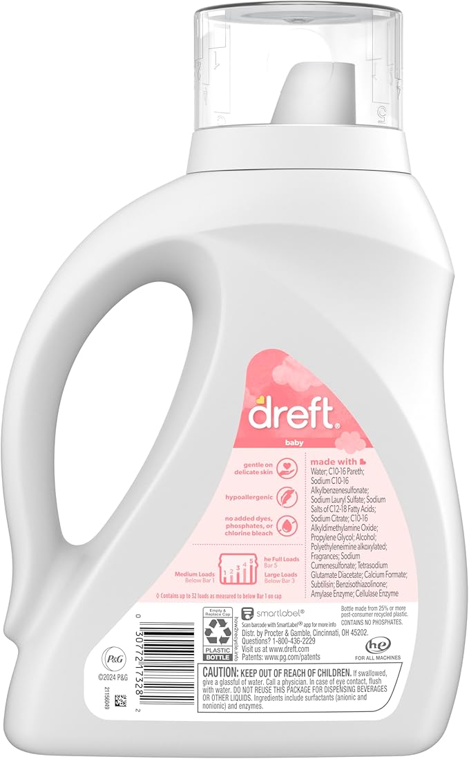 Dreft Baby Liquid Laundry Detergent, Gentle on Sensitive Skin Laundry Soap, 42 fl oz, 32 Loads, Pack of 2 (Packaging May Vary)