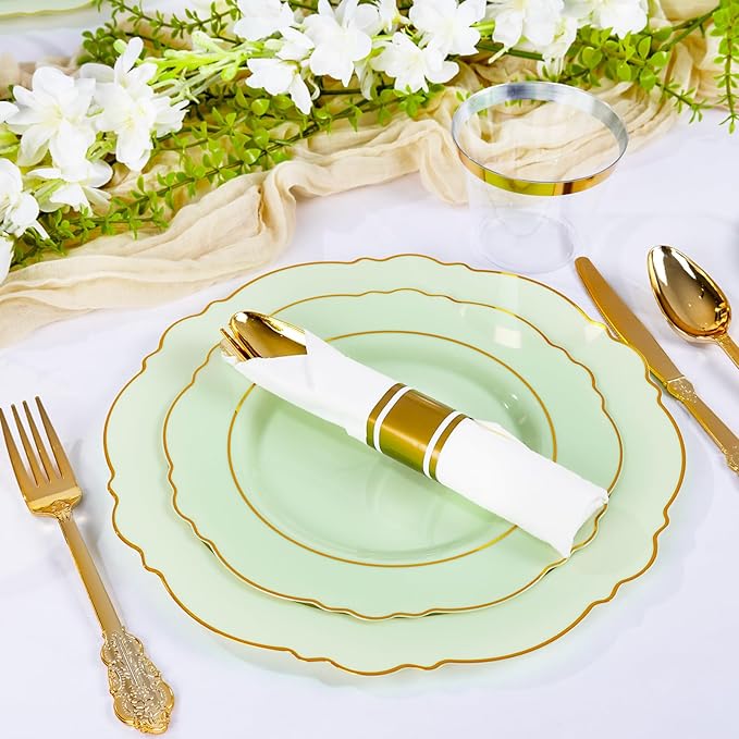 Liacere 350PCS Light Green Plates - Disposable Green and Gold Plastic Plates 50guest Baroque Dinnerware include 100Plates,50Pack Pre Rolled Napkins with Silverware 50Cups for Wedding ＆ Party & Spring