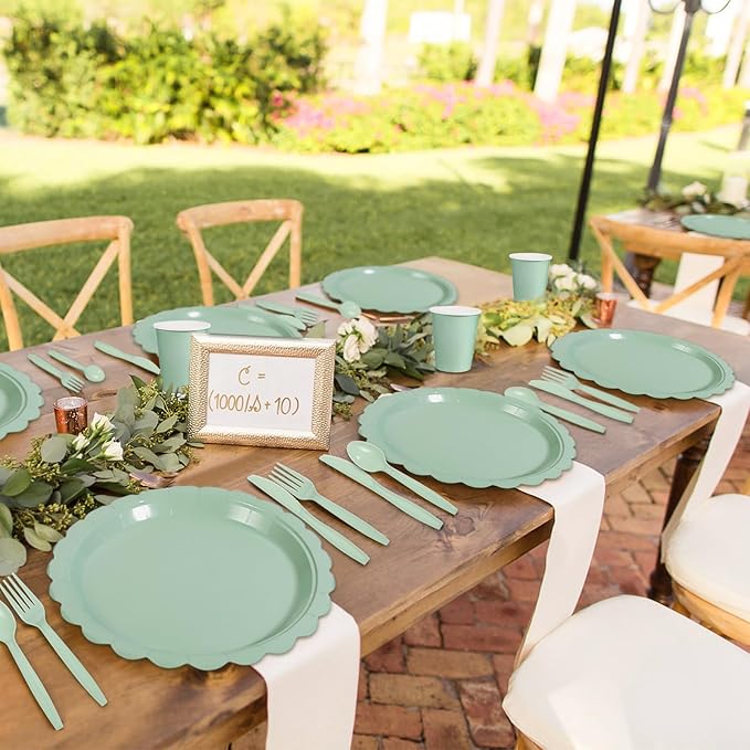 175 Pcs Party Plates and Cups and Napkins Sets, 9" Paper Plates, 7" Dessert Plate, 9oz Cups & Cutlery, 25 Guest Scalloped Sage Green Party Supplies for Wedding, Bridal Baby Shower, Birthday