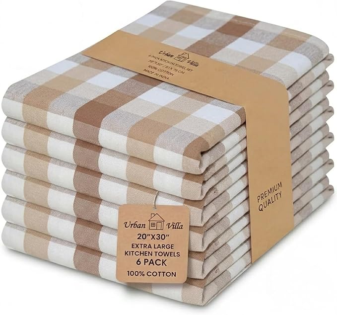 Urban Villa Kitchen Towels Set of 6 Buffalo Checks Taupe/Chocolate/Ivory 20X30 Inches Kitchen Towels 100% Cotton Highly Absorbent Premium Quality Ultra Soft Bar Tea Towels with Mitered Corners