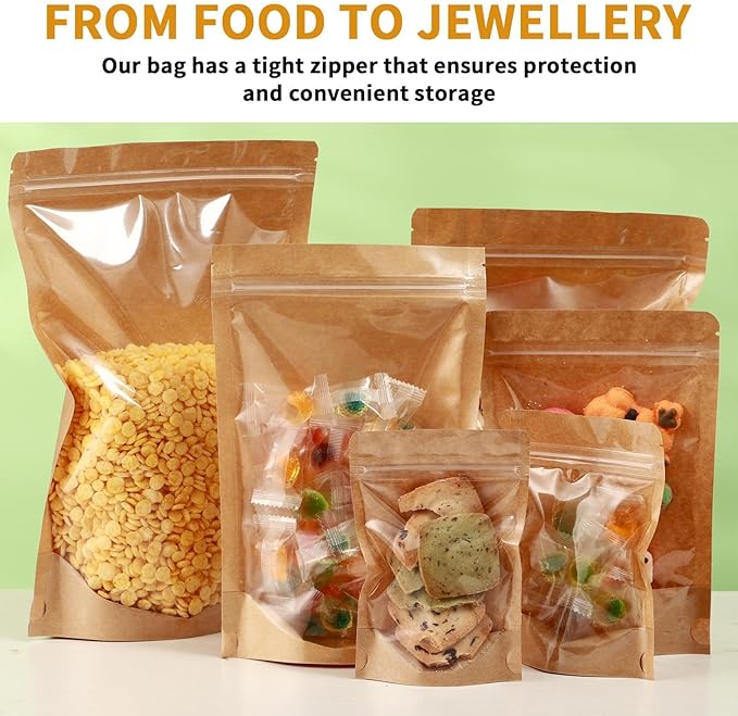 150 Pack Kraft Paper Bags with Clear Window 6x9 Reclosable Small Stand Up Mylar Bags for Food Storage Resealable Smell Proof Pouch, Edible Packaging, Reusable bags for Small Business