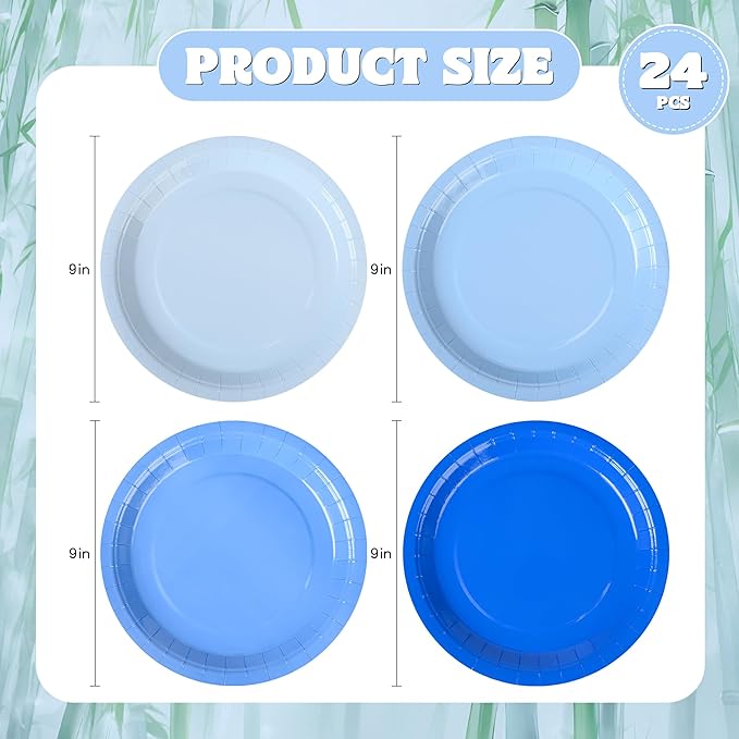 AimFun 24Pcs Blue Party Plates Gradient Blue Paper Plates 9 Inch Disposable Round Dinner Dessert Plate for Summer Beach Ocean Birthday Wedding Baby Shower Hanukkah Party Supplies