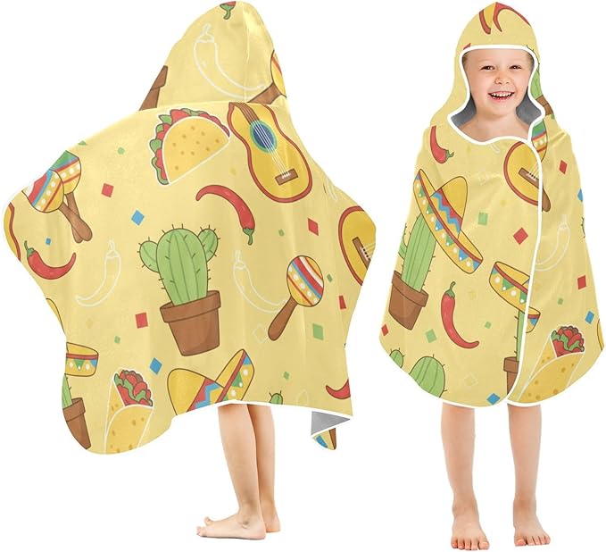 SUABO Kids' Bath Towels Mexico Cactus Guitar Hooded Towels for Boys Girls,Toddler Towels Multi-Purpose for Beach,Pool and Bathroom,23.5" x 50", Soft and Highly Absorbent