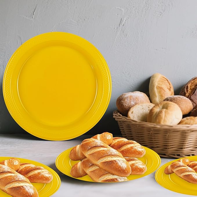 50Pcs Yellow Plastic Plates - 7 Inch Disposable Party Plates Cake Plates, Plastic Dessert Plates for Picnic Birthday Wedding Party Supplies (Yellow, 7 Inch)