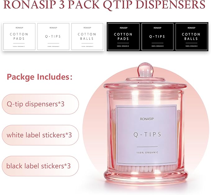 Ronasip Qtip Holder & Cotton Pad Dispenser, Bathroom Organizer and Storage Canisters, 16oz Glass Apothecary Jars for Kitchen, Restroom - Home Decor Accessories, Room Decor Aesthetic (2 Pack, Pink)