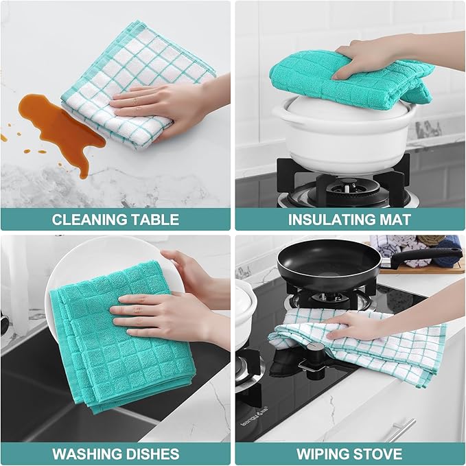 Homaxy Premium Cotton Kitchen Towels 16"x 28", Large Natural Ring Spun 390 GSM Dish Towels, Super Absorbent Terry Kitchen Hand Towels, Soft Tea Towels with Hanging Loop, Aqua Check Design, 4 Pack