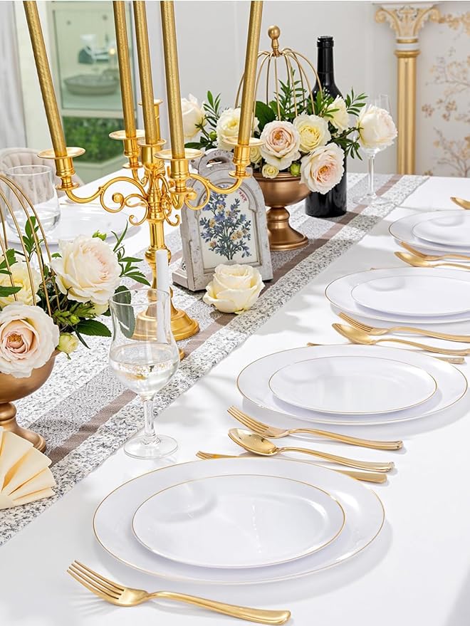 WDF 150Pcs White and Gold Plastic Plates - Gold Plates Disposable - 25 Guest Disposable Dinnerware Include 25 Dinner Plate 25 Dessert Plate 25 Cutlery 25 9oz Cups for Wedding/Birthday/Party
