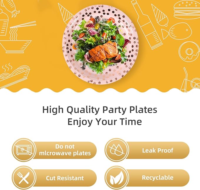Pink & Rose Gold Dots Party Paper Plates, 50 PCS Disposable Party Supplies Dessert Paper Plates for Birthday Wedding Bridal Shower Supplies (7 inches)