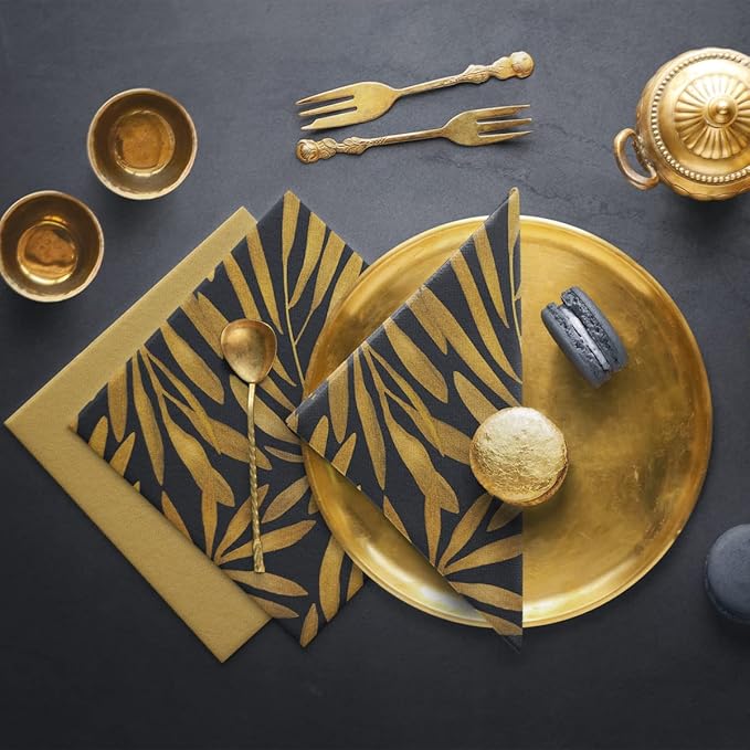 PAW - 50 Pieces Linen-Feel Paper Paper Napkins 16" x 16", Disposable Cloth-Like Napkins with Golden Leaves Design, Dinner Napkins for Party, Wedding, Barbecue, Picnic