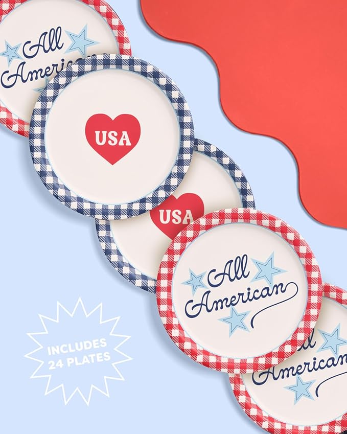 xo, Fetti All American USA Paper Plates | 24 pcs, 9" | 4th of July Tableware, Southern Bachelorette Decorations, Patriotic Dinner Party Setting, Birthday Tablescape