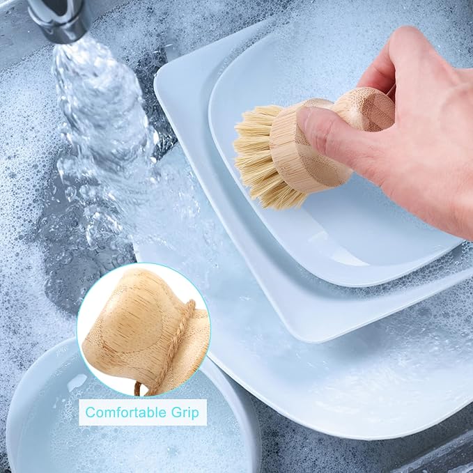 Aisuly Bamboo Dish Brush Set, 2 Pcs Palm Wooden Dish Scrubber Brush, Dish Brushes, Durable Wood Dishes Scrub Brush, Natural Round Vegetable Cleaning Pots Pans Sink Washing Kitchen Brush