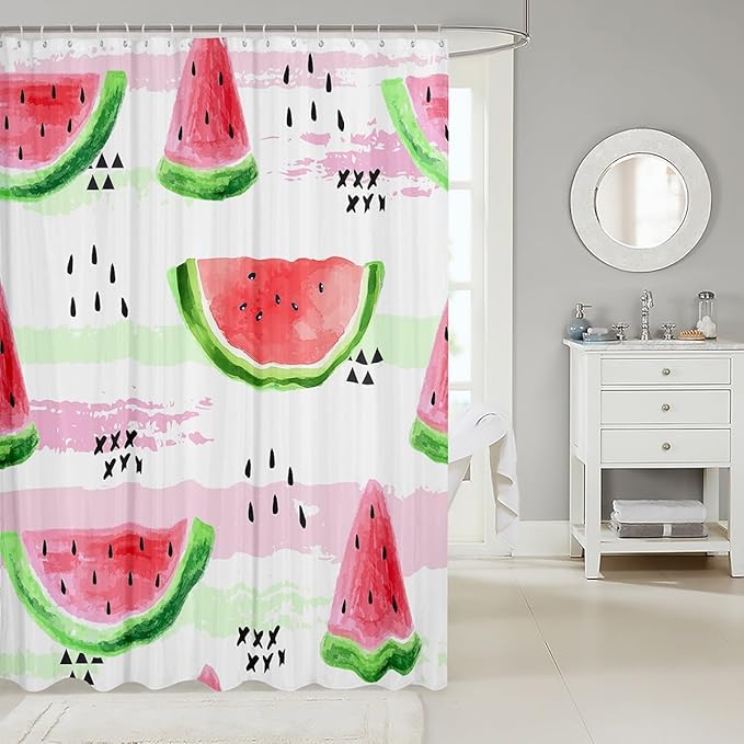 Manfei Kids Watermelon Shower Curtains Summer Fruits Theme Bathroom Curtains for Girls Room Decor, Watercolor Watermelon Waterproof Bath Curtains with 12 Hooks Suits for Bathtub, 72" W x 78" L