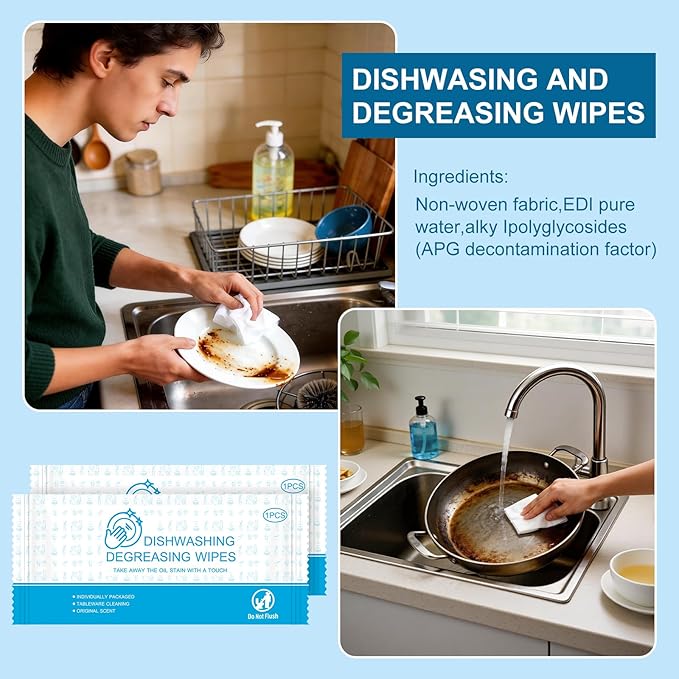 Dish Wipes for Camping Individually Wrapped Dish Cleaning Wipes Travel Unscent 7.7”x 7.3” Disposable for Kitchen Outdoor Traveling RV Quick Clean (Pack of 100)