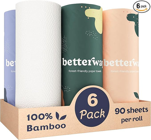 Betterway Bamboo Paper Towels - 6 Rolls, 2 Ply - Plastic Free, Disposable Kitchen Paper Towels - Select Size, Tree Free, Compostable, Strong & Absorbent, No Dyes - PFAS Free