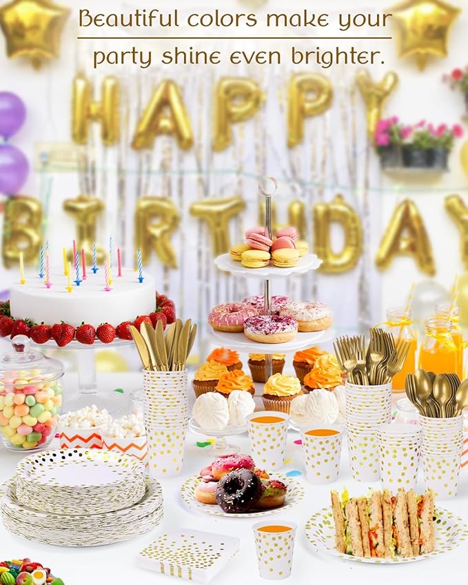224 Pieces Party Supplies, White and Gold Dots Wedding Party Plates Cups and Napkins Sets with Plastic Knives forks spoons, Disposable Tableware Serves 32 Sets for Birthday, Graduation, Festivals