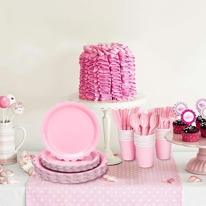 168 Pcs Pink Paper Plates and Napkins, Light Pink Party Supplies Include Scalloped Plate Napkins Cups Forks Knives Disposable Plastic Cutlery for Xmas Dinner Plates Table Decorations