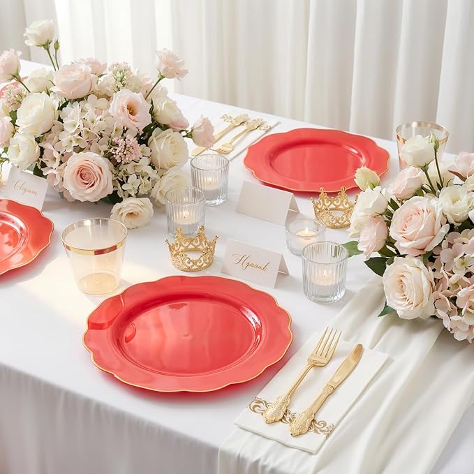 NOCCUR 175PCS Red Plastic Plates with Gold Disposable Silverware - Include 50 Red Gold Plastic Plates,25 Knives,25 Forks,25 Spoons,25 Cups and 25 Napkins - Ideal for Party/Independence Day/Wedding